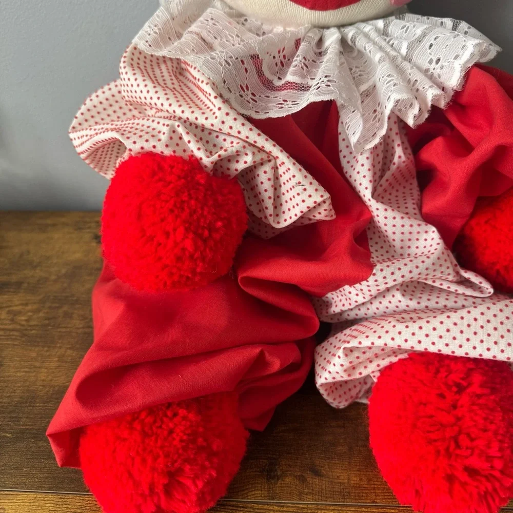 Vintage Large 26‎ Inch Cloth Clown Doll Red White Polka Dot Lace Yarn Hair